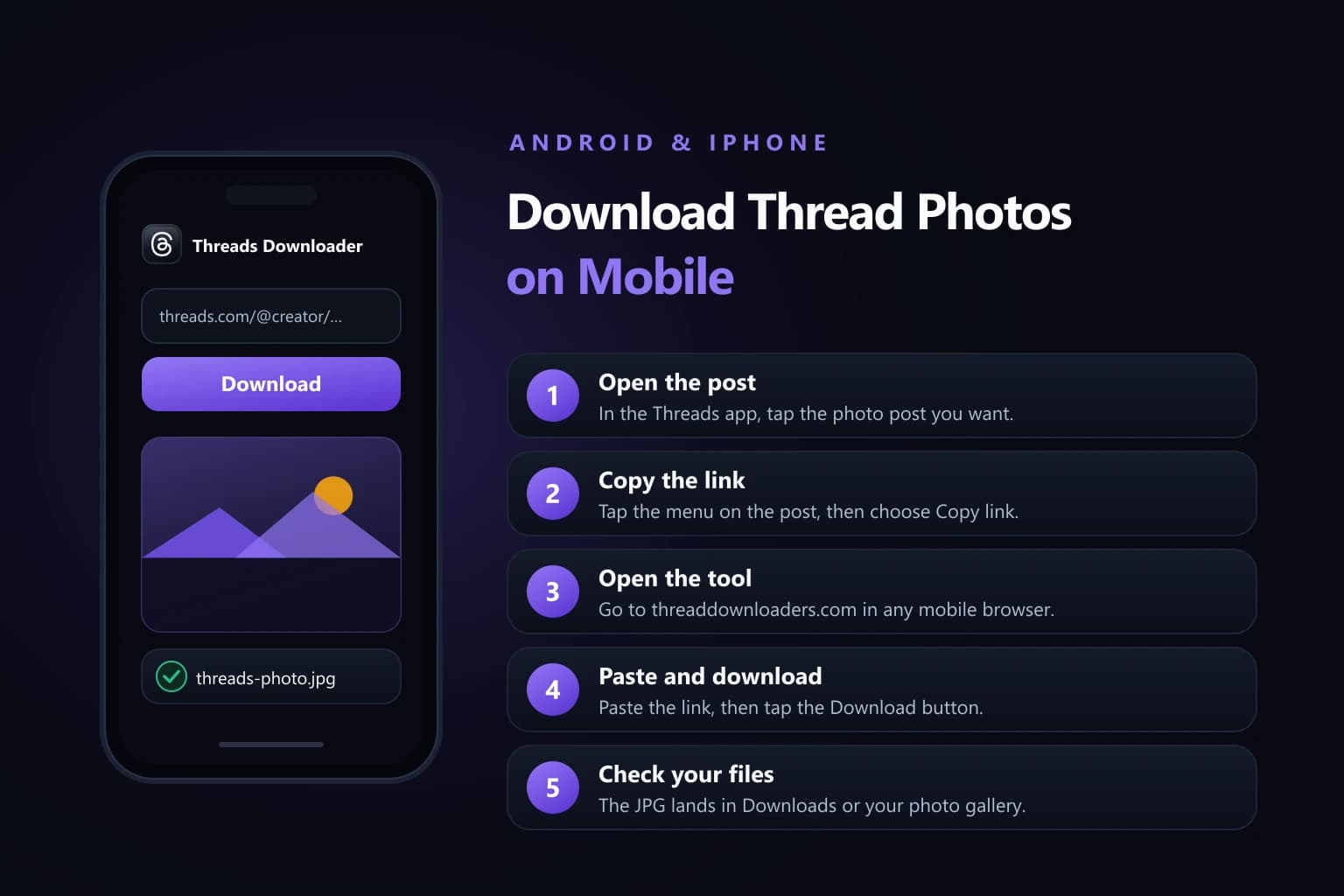 How to Download Threads Photos on Mobile? Phone mockup of the Threads photo downloader in a mobile browser beside five numbered steps for Android and iPhone