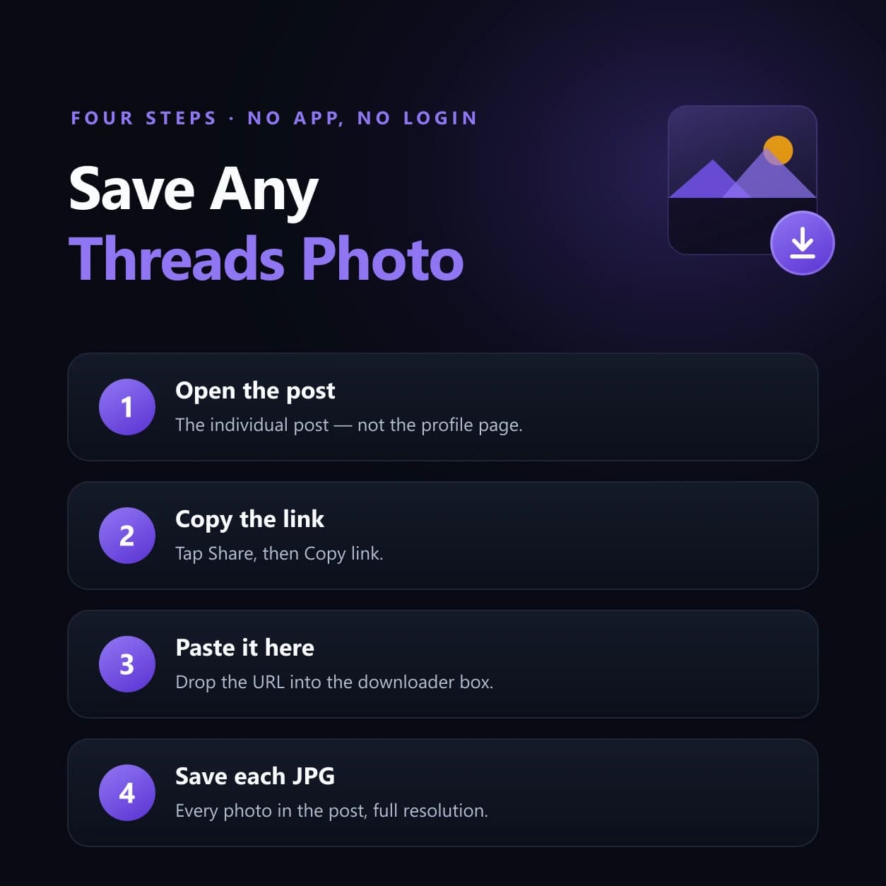 Four Steps, One Browser Tab Four steps to save a Threads photo: open the post, copy the link, paste it into the downloader, then save each JPG