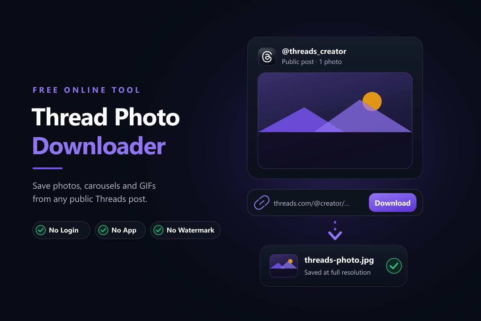 What is Threads Downloader? Thread Photo Downloader interface with a Threads post link pasted into the URL bar and a photo ready to save as a full-size JPG