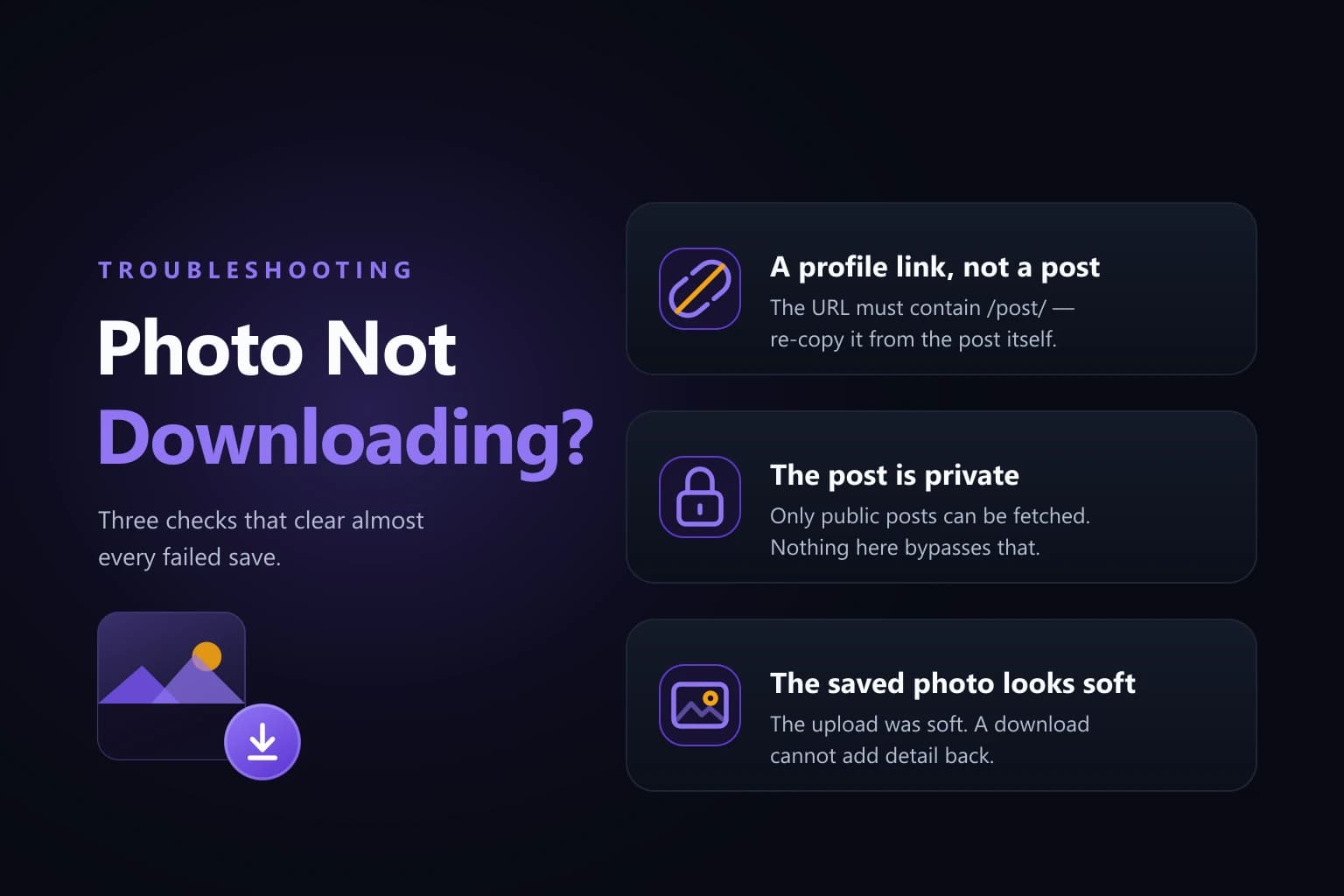 Three Checks That Fix It Three fixes for a Threads photo that will not download: a profile link instead of a post link, a private post, and a soft source image